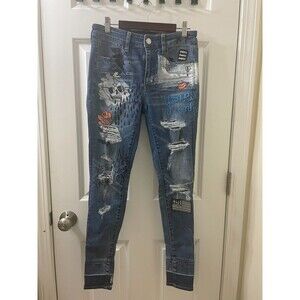 American Eagle TATTOO Jeans Women 6  Hi-Rise Jegging Stretch Punk Rock Patch Art